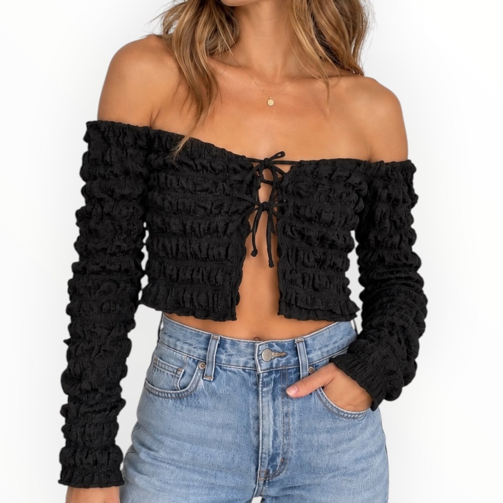 PrettyLittleThing Black Bubble Textured Tie Front Off Shoulder Crop Top US 8